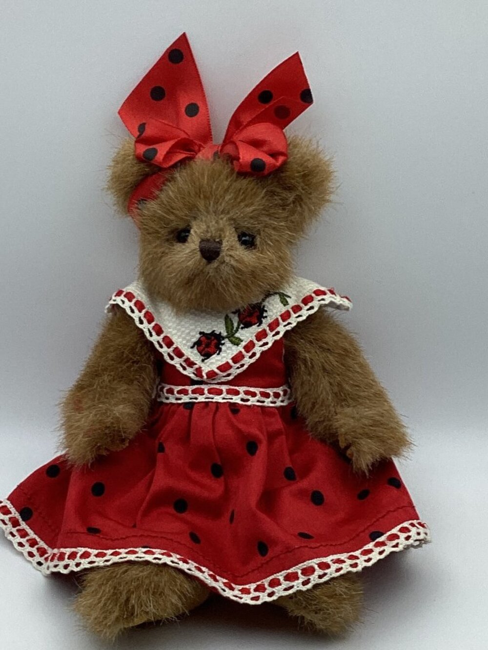 Bearington Collection Teddy Bear Lady Bug Dress with Black Polka Dots 11 inches
